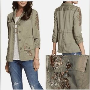 Chico's 100% Linen Sequin Embroidered Gold Army Green Utility Jacket Women's L